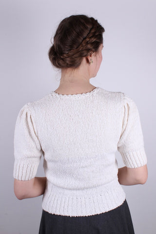 Late 1930s / 1940s style summer bouclé cardigan. Off-White with embroidery- Sarah