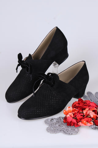 40s vintage style suede Derby shoes  - Low heel- black - Esther