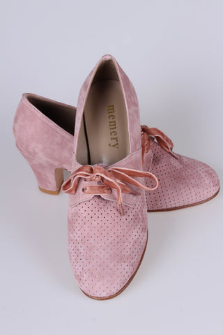 1940s pumps in suede with velvet laces - Powder Rose - Esther