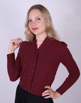 Cute and feminine cable knit 1940s cardigan - Merino - Burgundy - Astrid