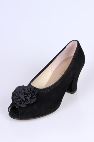 1940s suede pumps with rosette and peep toe - Black - Jean