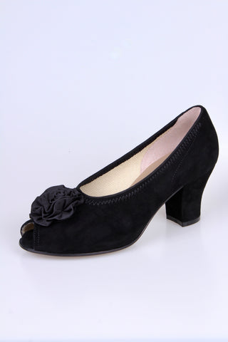 1940s suede pumps with rosette and peep toe - Black - Jean