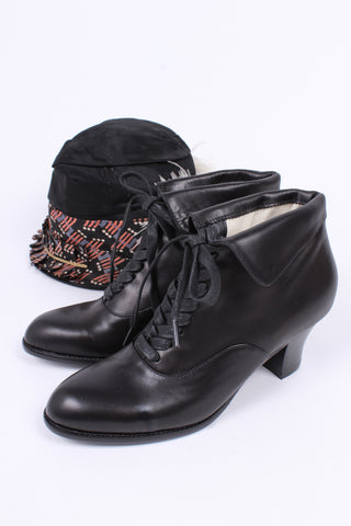 1930s style leather lace-up ankle boot - Black - Betty