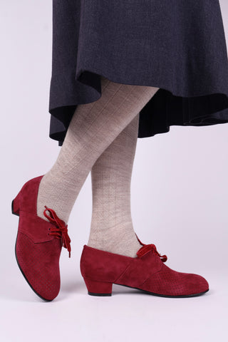 40s vintage style Derby shoes in suede - Low heel - Burgundy red -Esther
