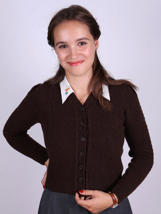 Cute and feminine cable knit 1940s cardigan - Merino - Brown melange - Astrid