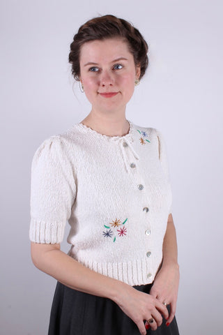 Late 1930s / 1940s style summer bouclé cardigan. Off-White with embroidery- Sarah