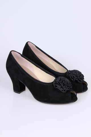 1940s suede pumps with rosette and peep toe - Black - Jean