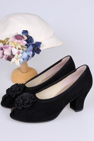 1940s suede pumps with rosette and peep toe - Black - Jean