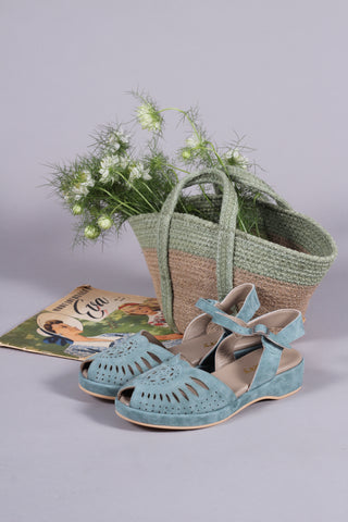 1940s / 50s suede wedge sandals - Dusty Blue - Ella