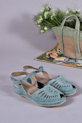 1940s / 50s suede wedge sandals - Dusty Blue - Ella