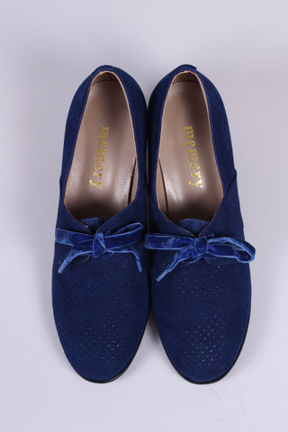 1940s pumps in suede with velvet laces - Navy Blue - Esther