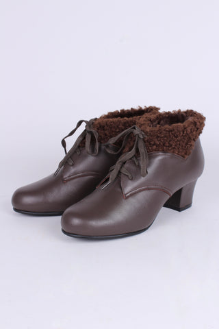 Soft 1940s /1950s style booties with fur - Dark Brown - Karin