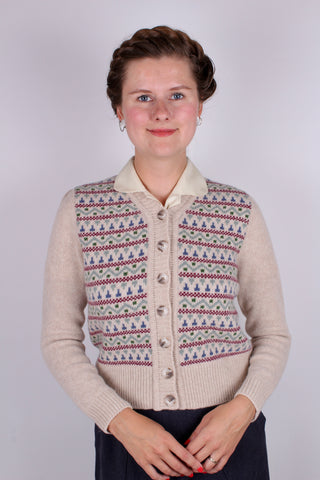 1940s vintage style cardigan - Merino - Cream with pattern - Rosemary