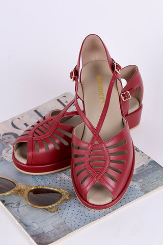 1940s style summer sandals /  wedges - Burgundy / Maroon red - Katharine