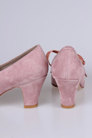 40's vintage style pumps in suede with lace, Dark Powder Rose - Esther