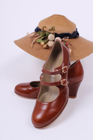 20s / early 30s style leather pumps with two adjustable ankle straps - Cognac-brown - Judy