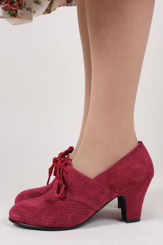 40's vintage style pumps in suede with lace - Red - Esther