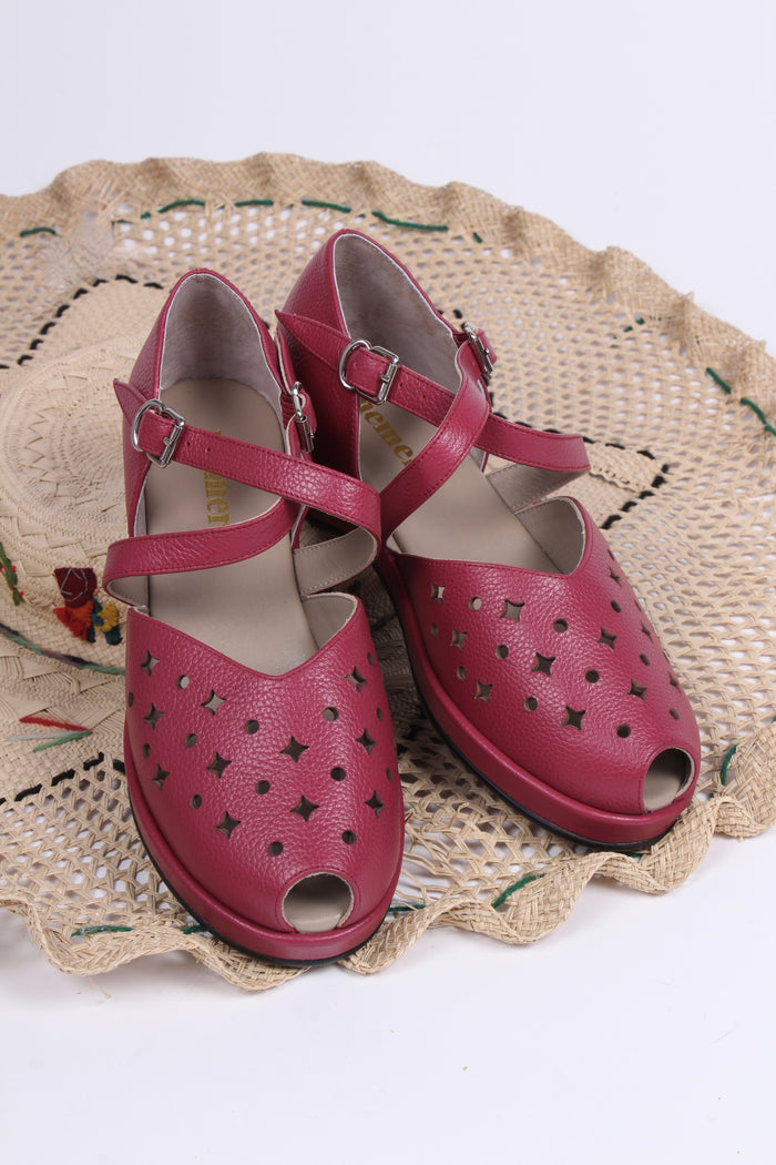 1940s style summer sandals / wedges - Burgundy / Raspberry - Norma