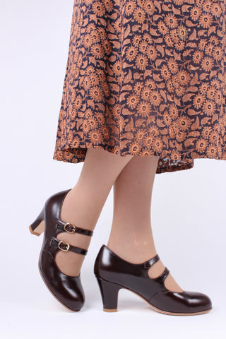 20s / early 30s style leather pumps with two adjustable ankle straps - Dark brown - Judy