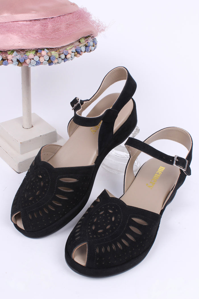 1940s / 1950s suede wedge sandals - Black - Ella
