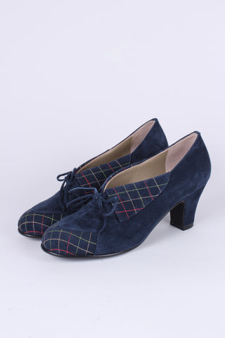 40's vintage style pumps in suede with colored stitches - Navy blue - Edith