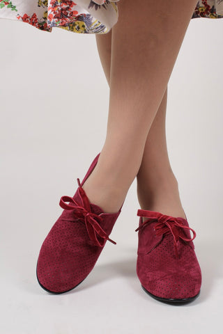 40's vintage style pumps in suede with lace - Red - Esther