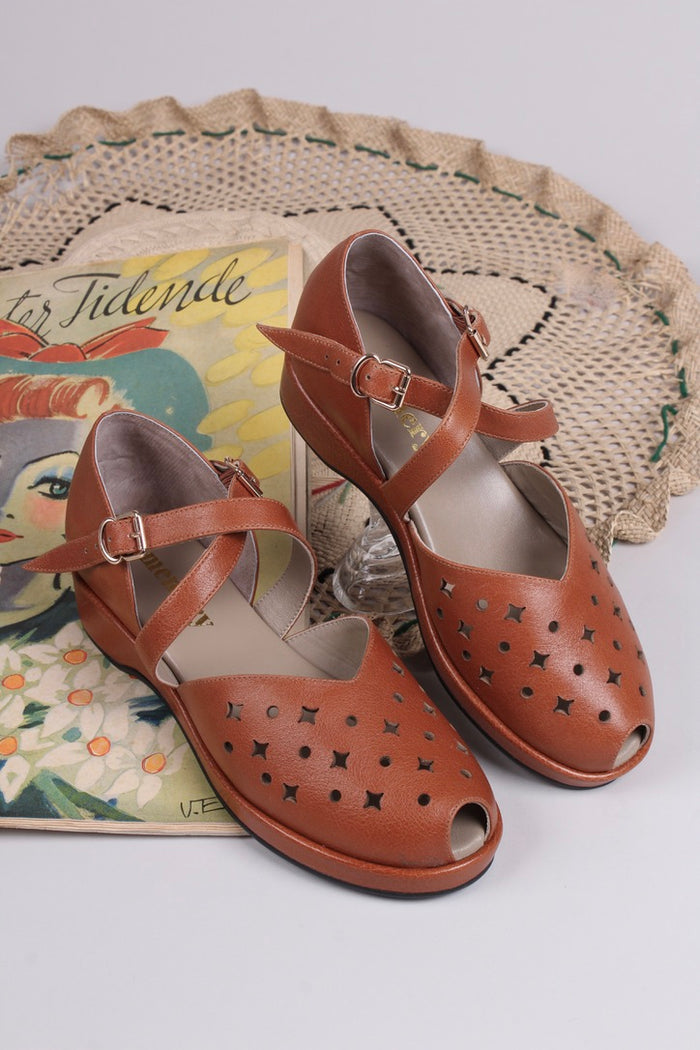 1940s style summer sandals / wedges - Brown - Norma