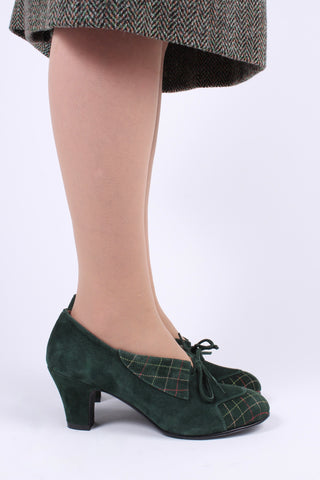 40's vintage style pumps in suede with colored stitches - Dark Green - Edith