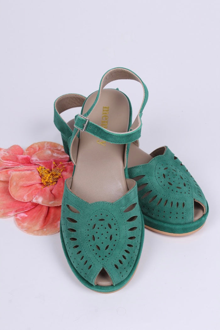 1940s / 1950s suede wedge sandals - Green - Ella