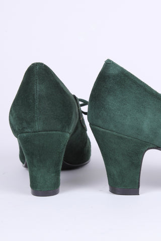 40's vintage style pumps in suede with colored stitches - Dark Green - Edith