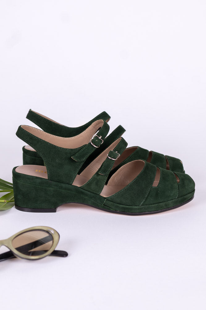 1940s - suede wedge sandals - Dark Green - Irene