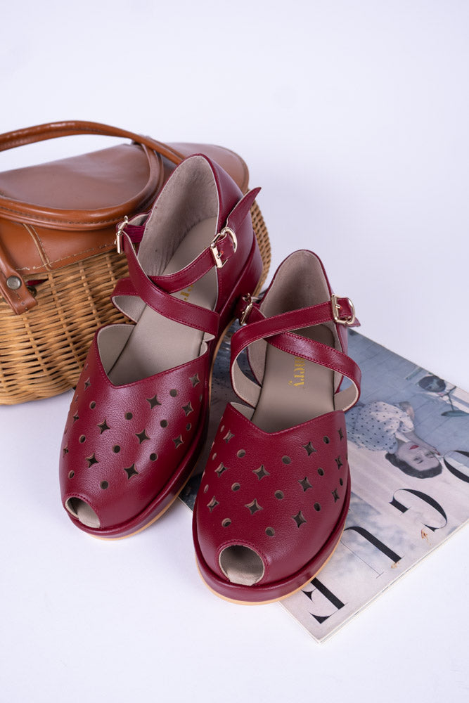 1940s - summer sandals - wedges - Dark Red - Norma