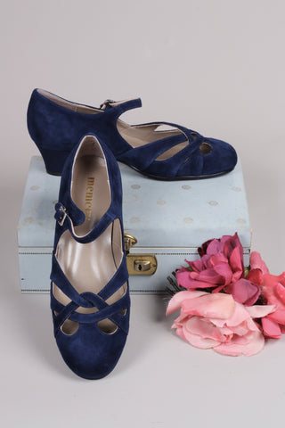 Everyday 1930s /1940s style suede sandals - Navy blue- Ida