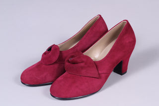 40's vintage style pumps in suede with rosette - Burgundy Red - Luise