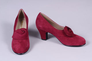 40's vintage style pumps in suede with rosette - Burgundy Red - Luise